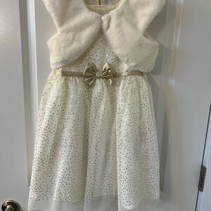 SOLD White and Gold Sparkle Dress with Faux Fur Vest